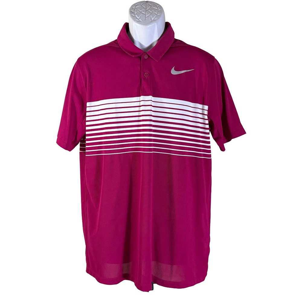 Nike Golf Polo Shirt Mens Large Pink Striped Dri-FIT Short Sleeve Standard Fit - Picture 1 of 5